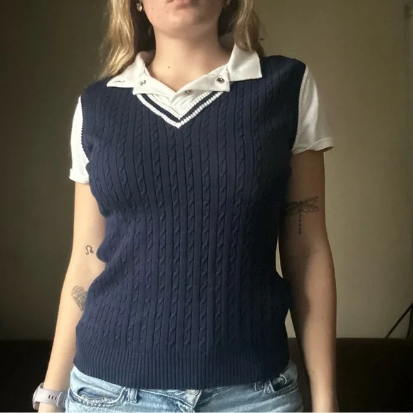 2000s Lauren Ralph Lauren Active Cable Knit Vest Polo Top Size M - Picture 2 of 8